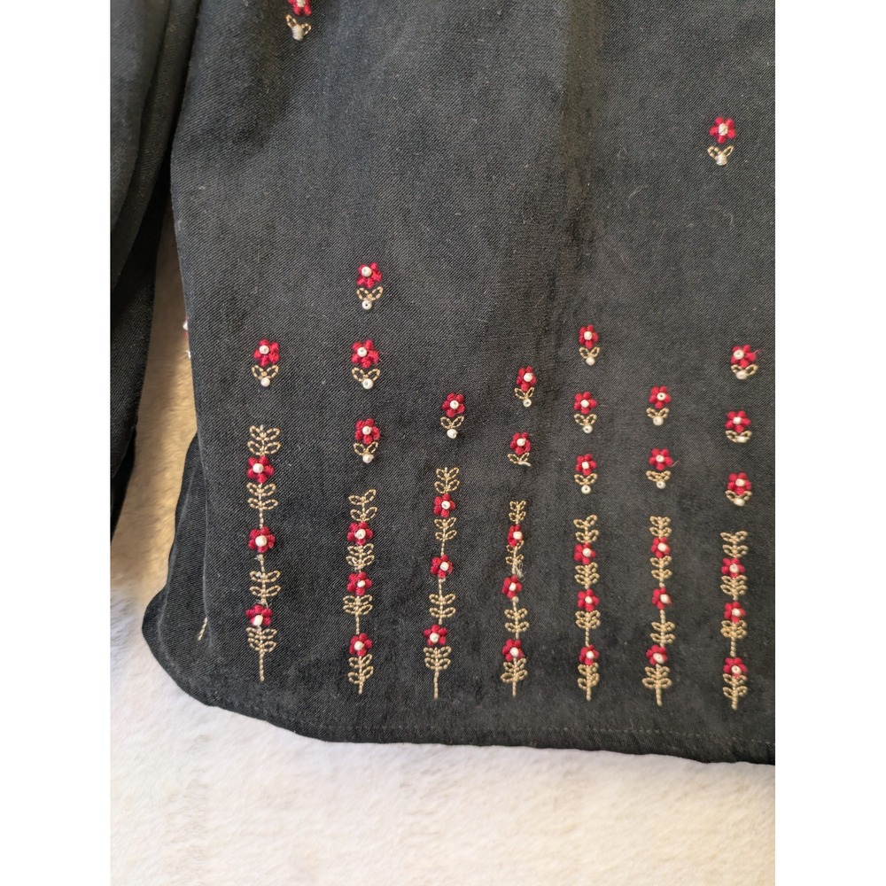 Cascade Blue Womens Black Floral Embroidered Beaded Button Down Shirt Size L - Picture 2 of 9